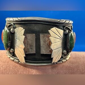 Men’s large Sterling , Coral and Turquoise cuff watch band